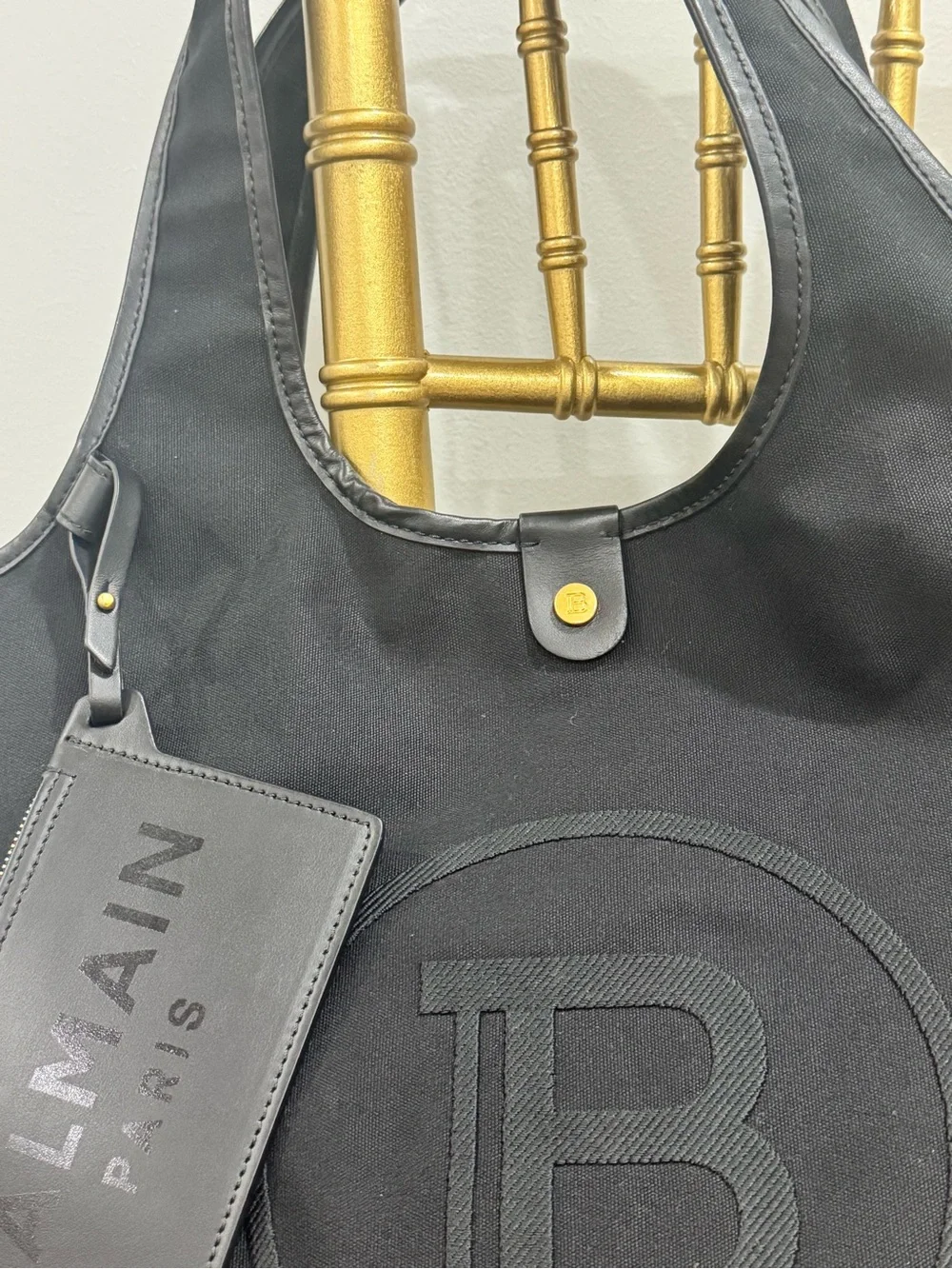 Balmain Black Embossed Logo Shoulder Tote with Leather Tag